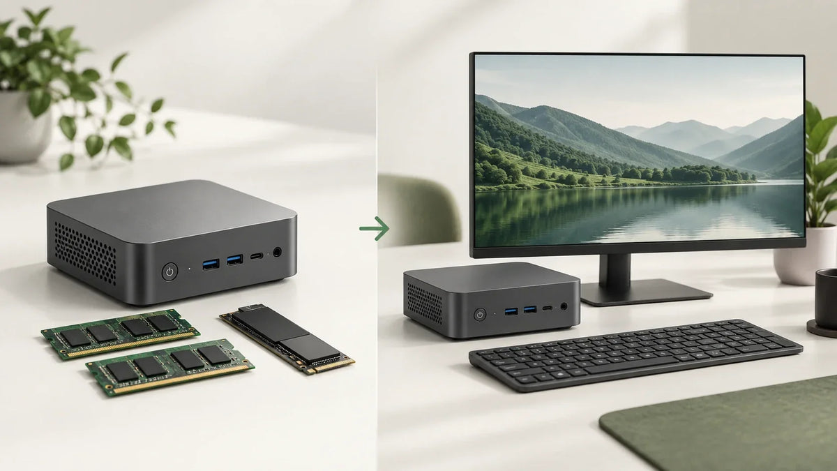 Ilustración de un mini PC barebone con RAM y SSD separados junto a un equipo preconfigurado con monitor y teclado.