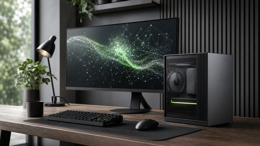 Compact gaming PC running a local AI workload on a modern desktop setup