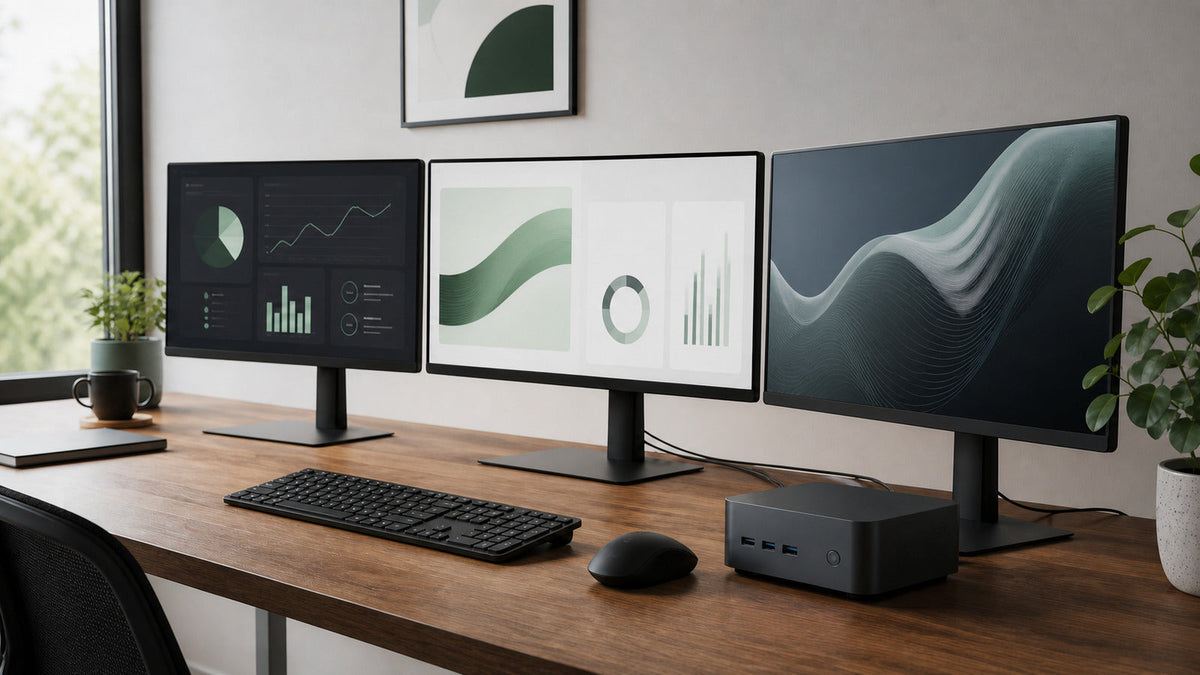 Mini PC compacto que alimenta un espacio de trabajo limpio con tres monitores