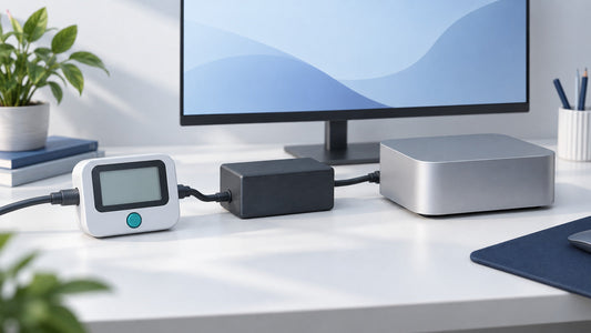 Ilustración conceptual de un mini PC, su adaptador y un medidor de energía sobre un escritorio.