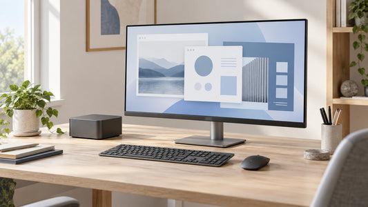 Escritorio de teletrabajo ordenado con un ordenador compacto genérico y un monitor con ventanas de trabajo abstractas.