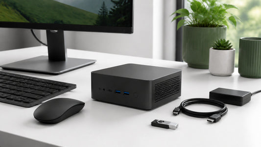 Mini PC compacto con monitor, teclado y USB de instalación sobre un escritorio