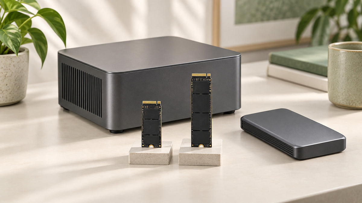 Mini PC genérico con dos módulos de almacenamiento y una carcasa para SSD externo sobre una mesa.