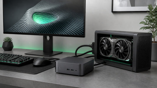 Mini PC compacto junto a una caja eGPU en un escritorio moderno