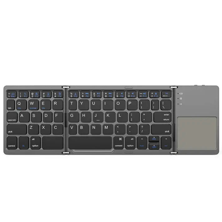 Teclado Bluetooth GMKtec negro con panel táctil integrado, completamente desplegado.