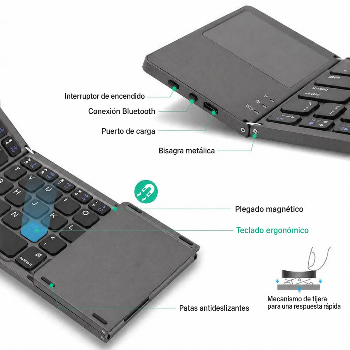 Detalles del teclado plegable GMKtec: conexión Bluetooth, puerto de carga, bisagras metálicas y apoyos antideslizantes.
